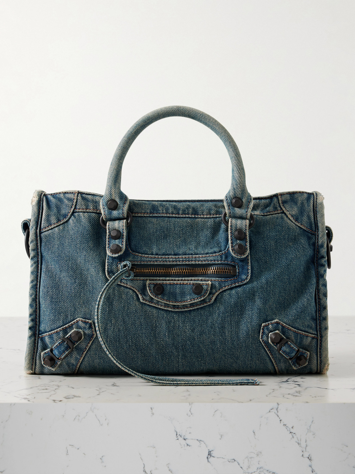 Balenciaga Le City Small Embellished Denim Tote In Blue