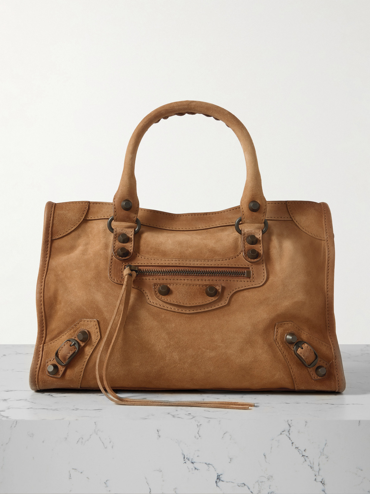 Balenciaga Le City Small Embellished Nubuck Tote In Brown