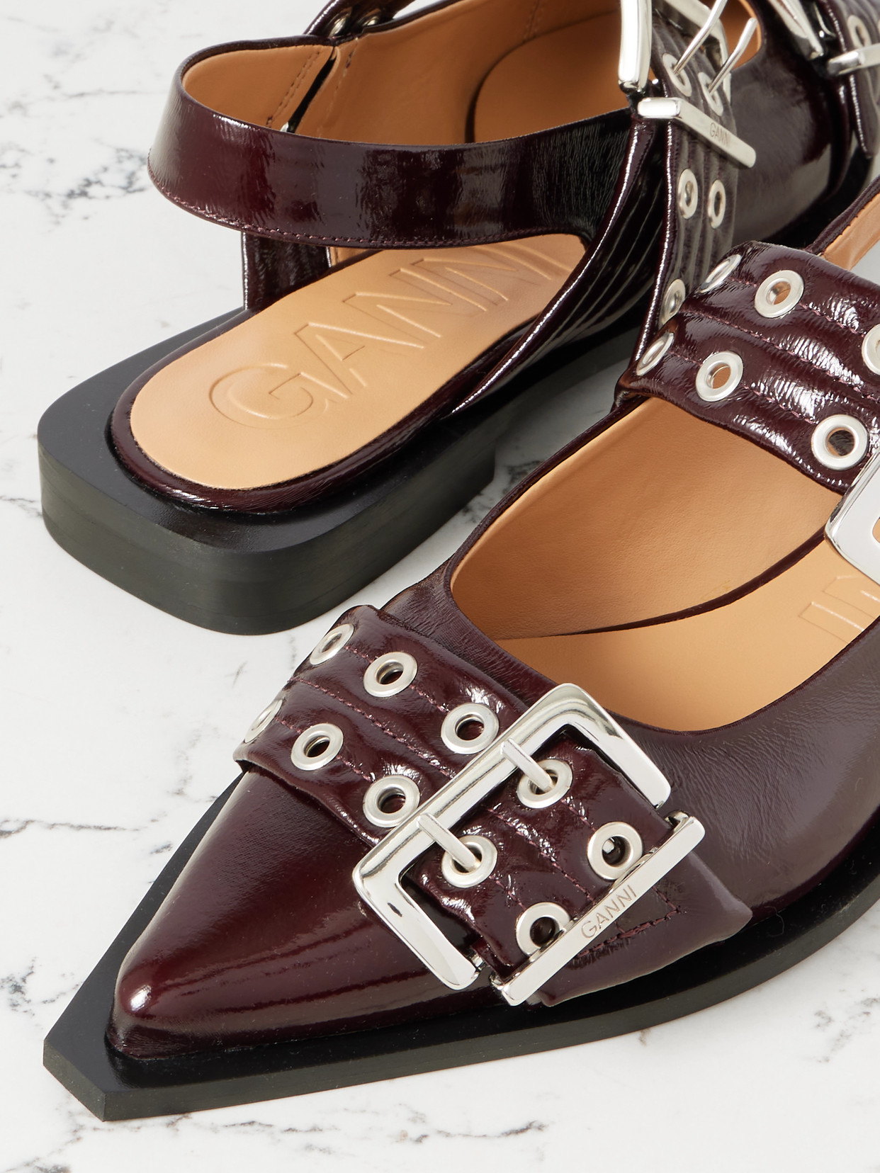 Ganni Embellished Glossed Recycled Point-toe Slingback Flats