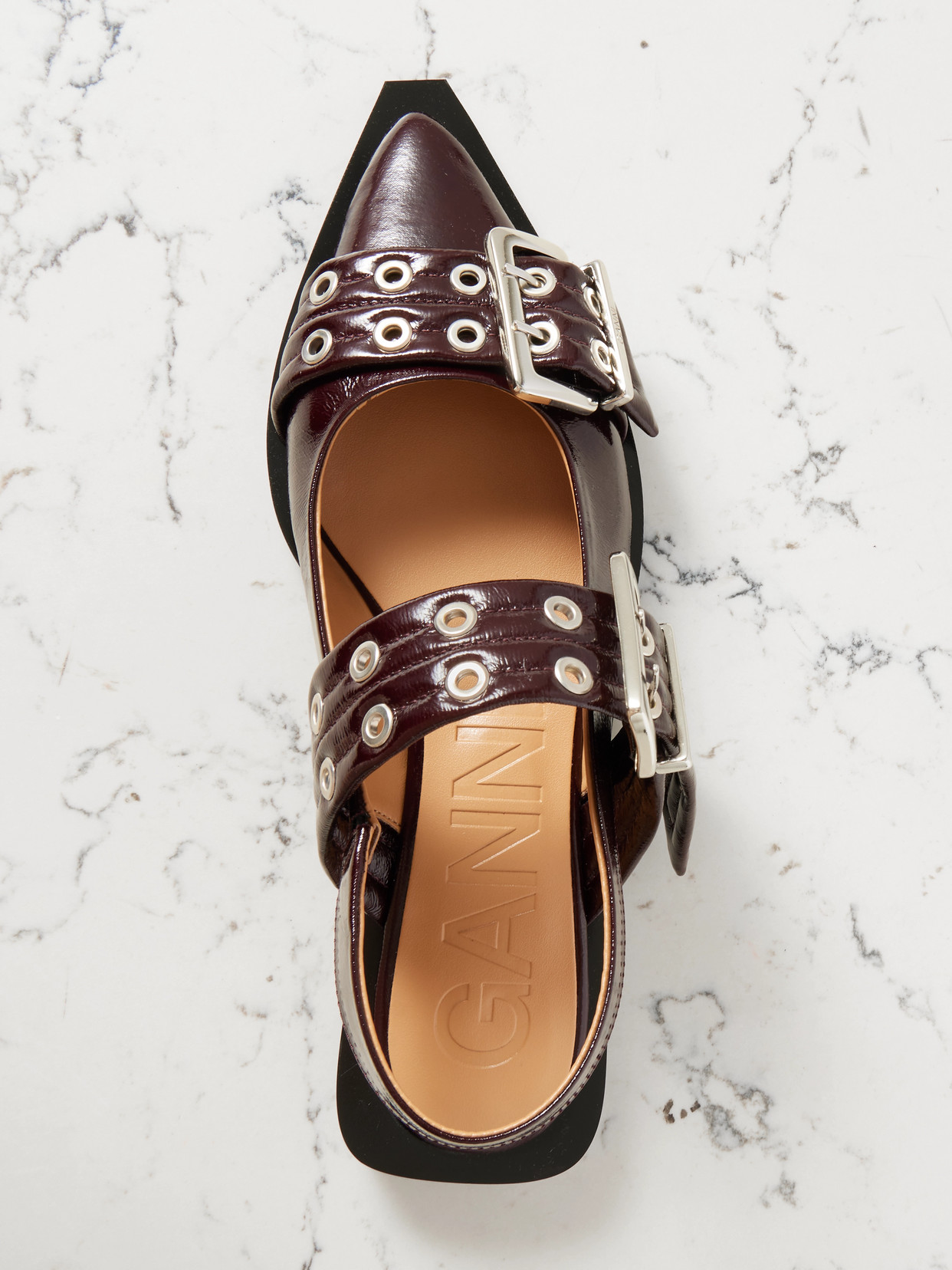 Ganni Embellished Glossed Recycled Point-toe Slingback Flats