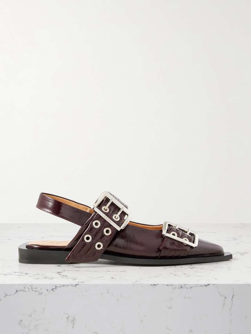 Ganni Embellished Glossed Recycled Point-toe Slingback Flats