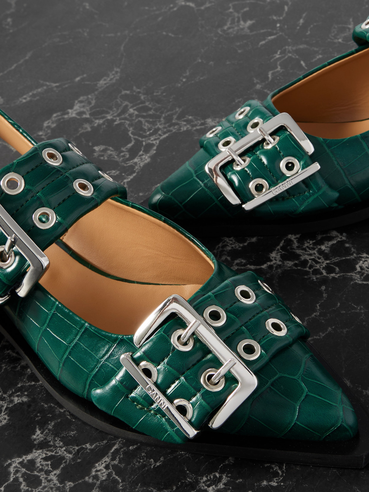 Ganni Embellished Glossed Recycled Point-toe Slingback Flats