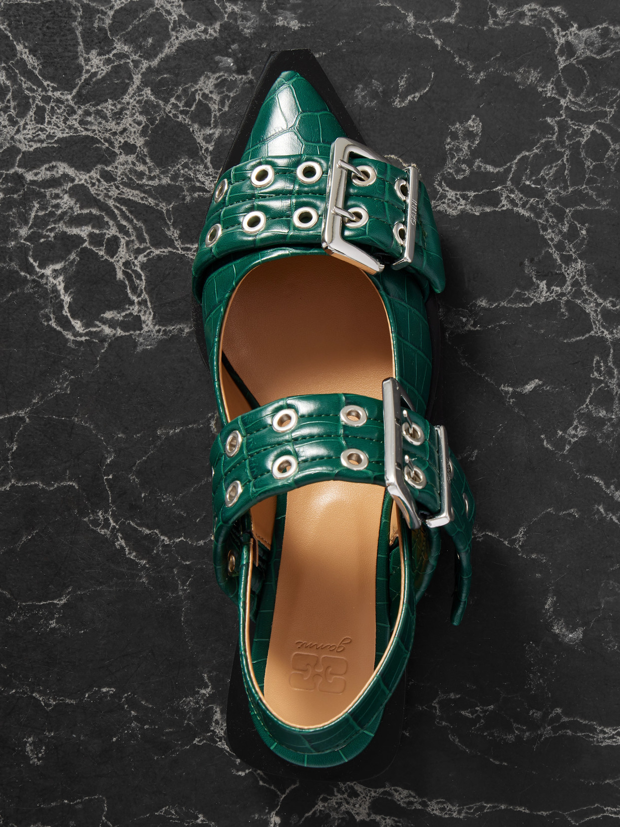 Ganni Embellished Glossed Recycled Point-toe Slingback Flats