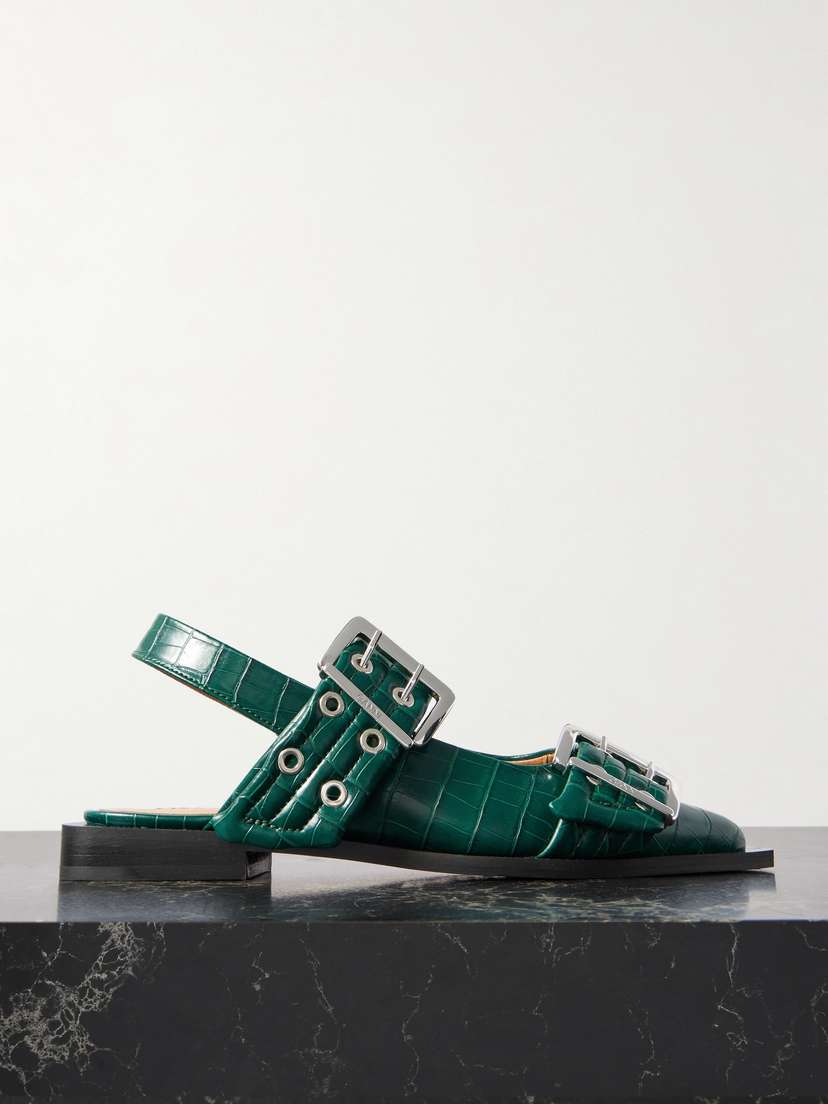 Ganni Embellished Glossed Recycled Point-toe Slingback Flats