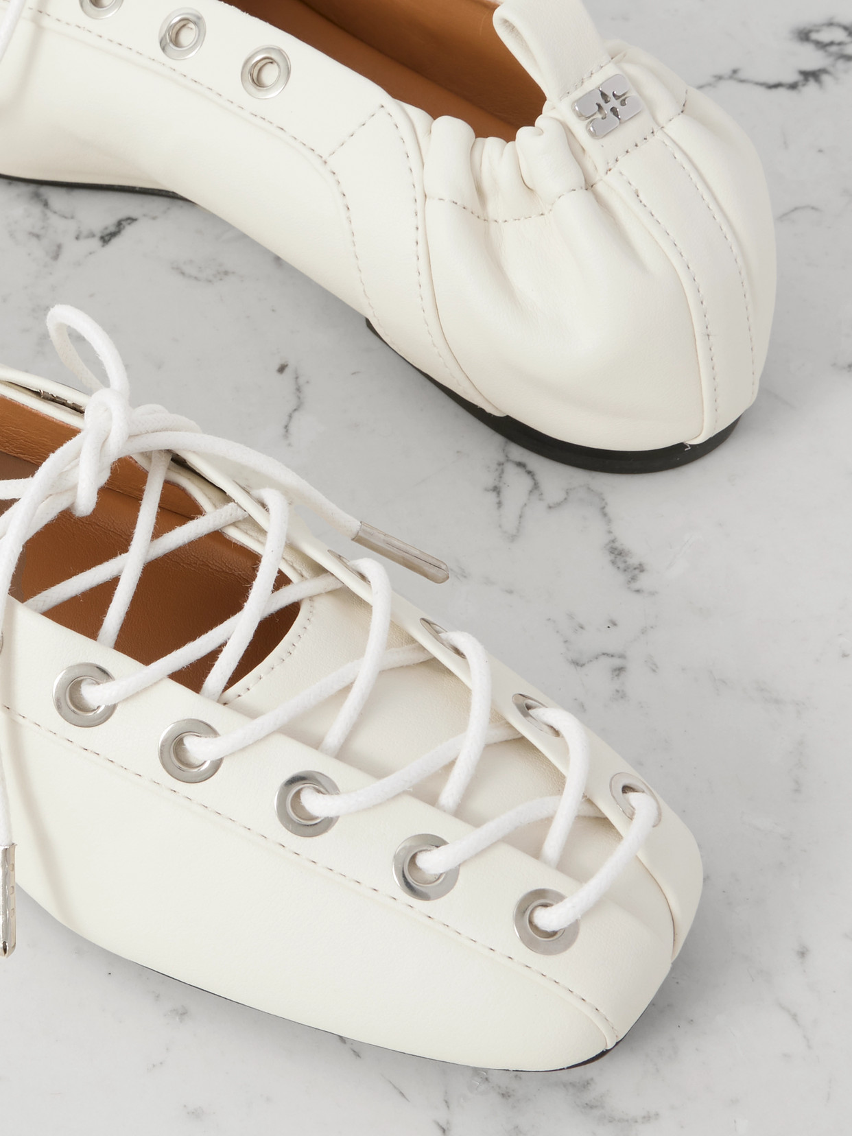 Ganni Lace-up Embellished Recycled Leather Ballet Flats In Neutral