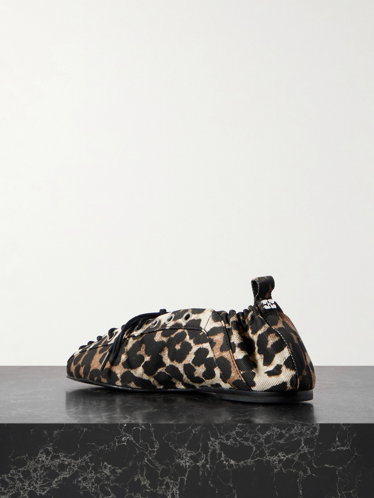 Ganni Lace-up Leopard-print Denim Ballet Flats