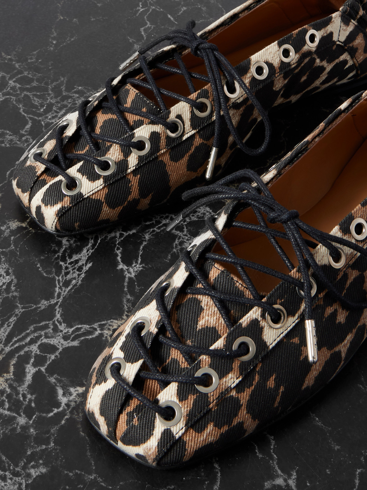 Ganni Lace-up Leopard-print Denim Ballet Flats
