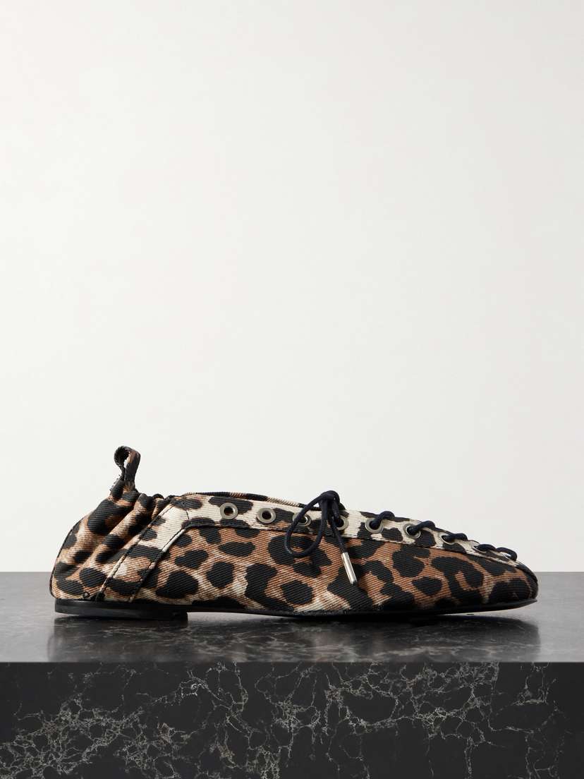 Ganni Lace-up Leopard-print Denim Ballet Flats