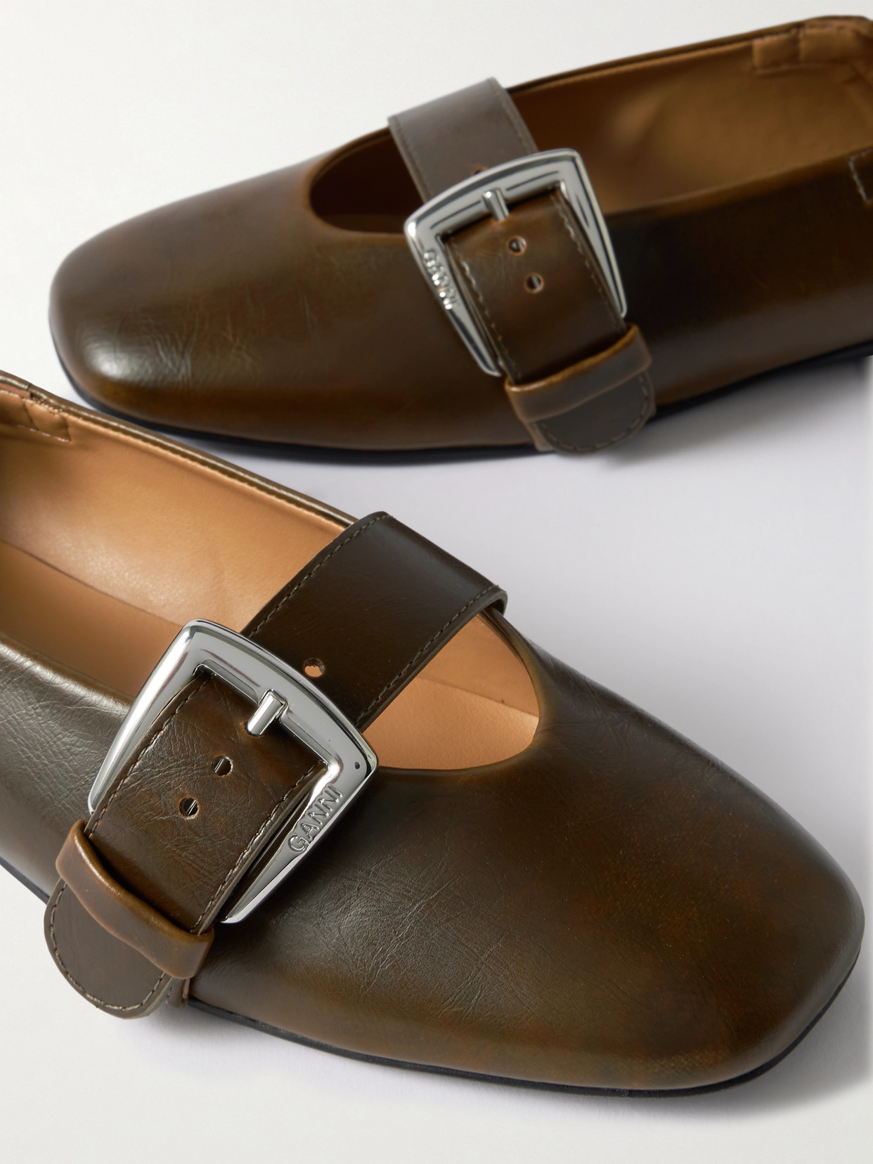 Ganni Khaki Buckle Strap Ballerina Flats In Multi