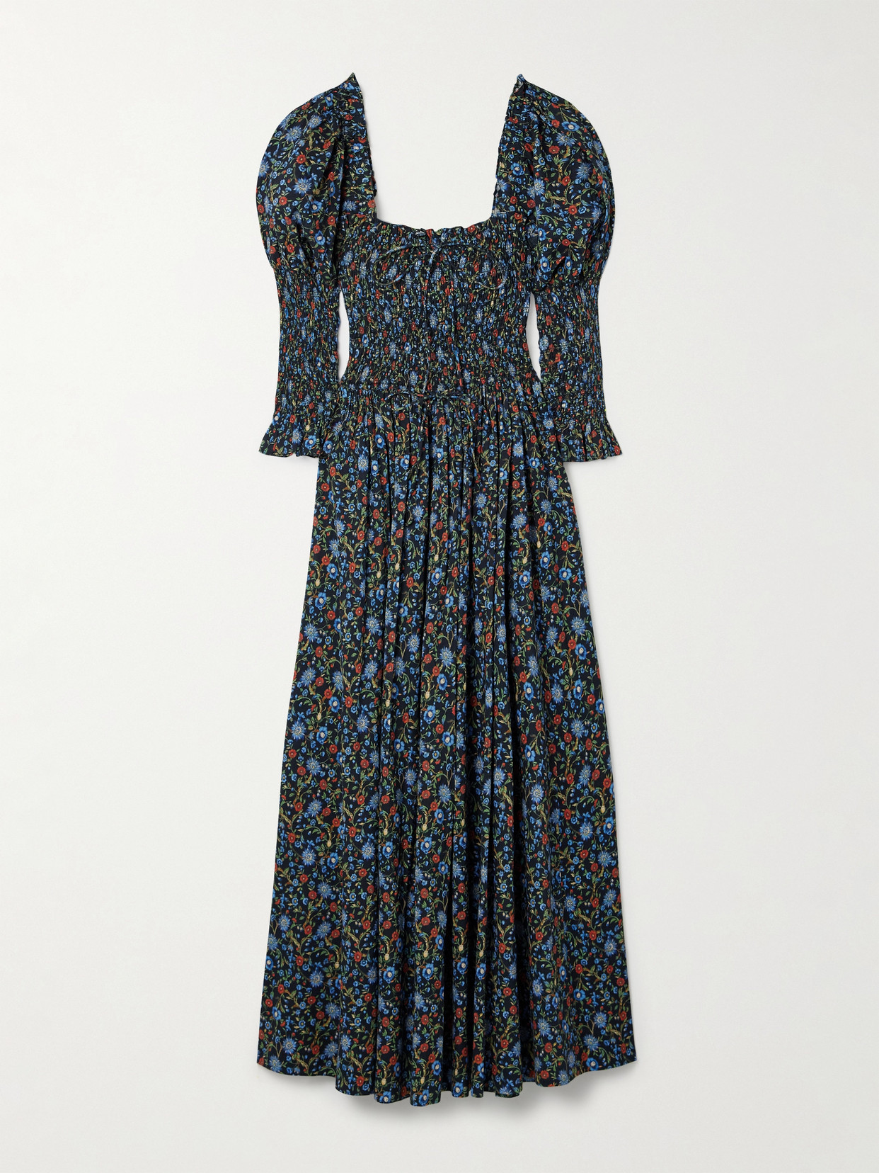 Doen Bijou Shirred Floral-print Organic Cotton-voile Midi Dress In Blue