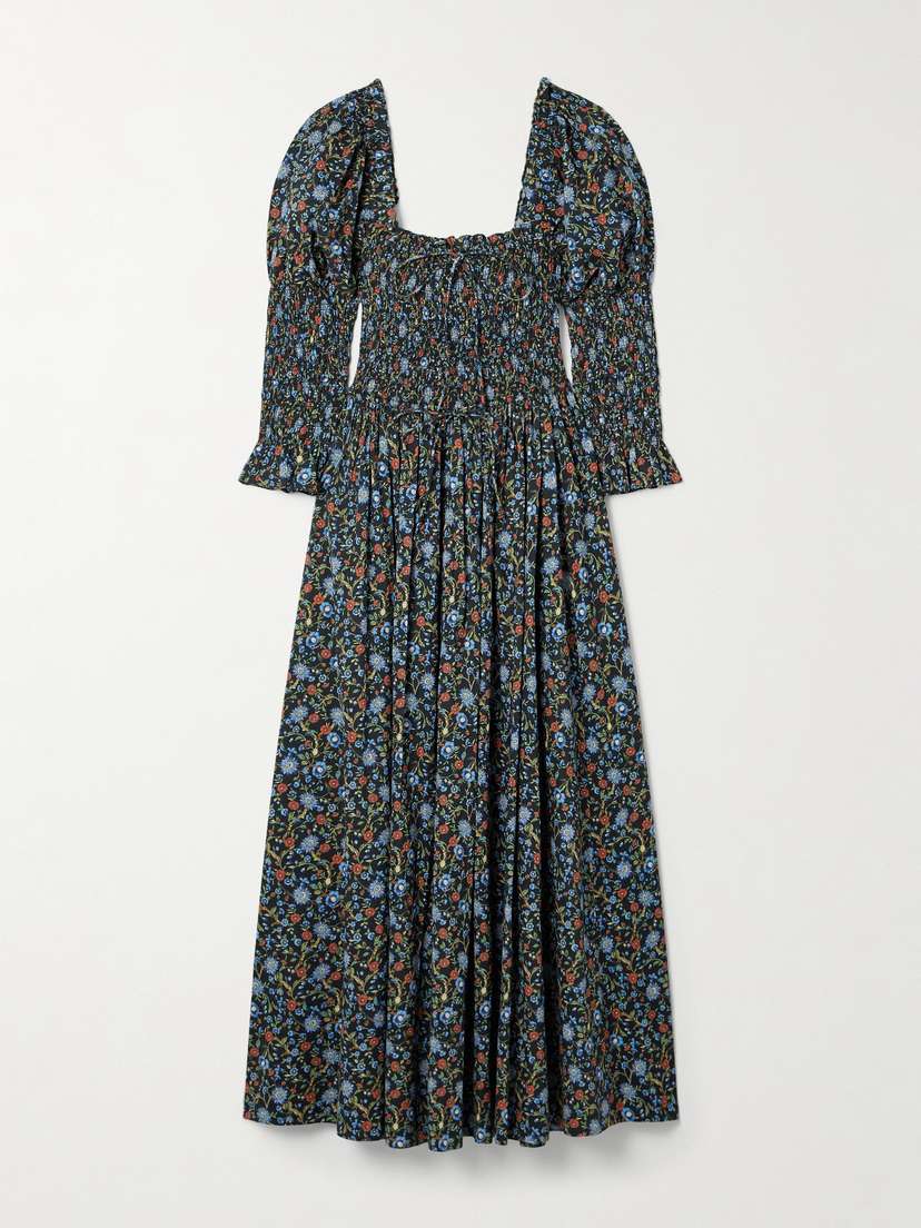 DÔEN Bijou Shirred Floral-print Organic Cotton-voile Midi Dress