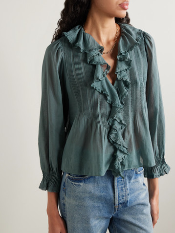 Dôen Hardy lace-trimmed ruffled pintucked organic cotton-voile blouse