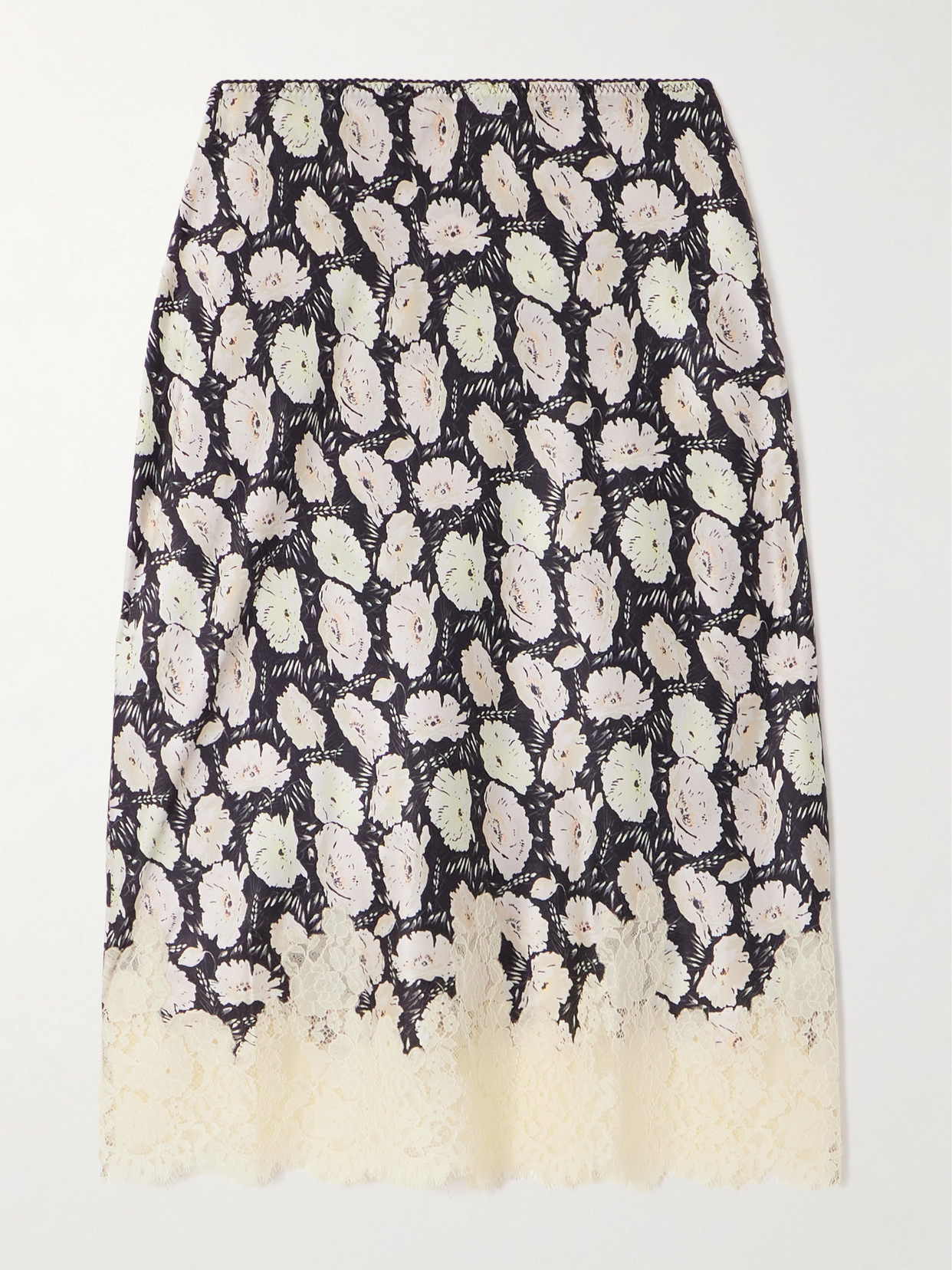 Doen Elowette Lace-trimmed Floral-print Silk-satin Skirt In Black