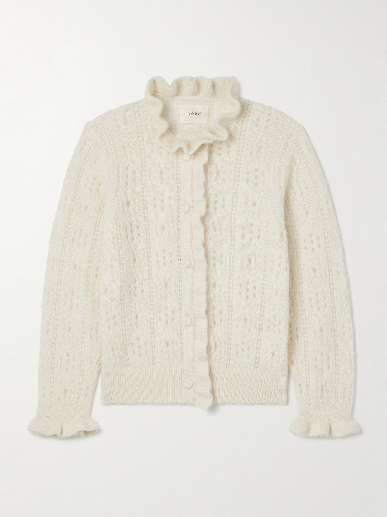 Doen Claudie Ruffled Pointelle-knit Alpaca-blend Cardigan In White
