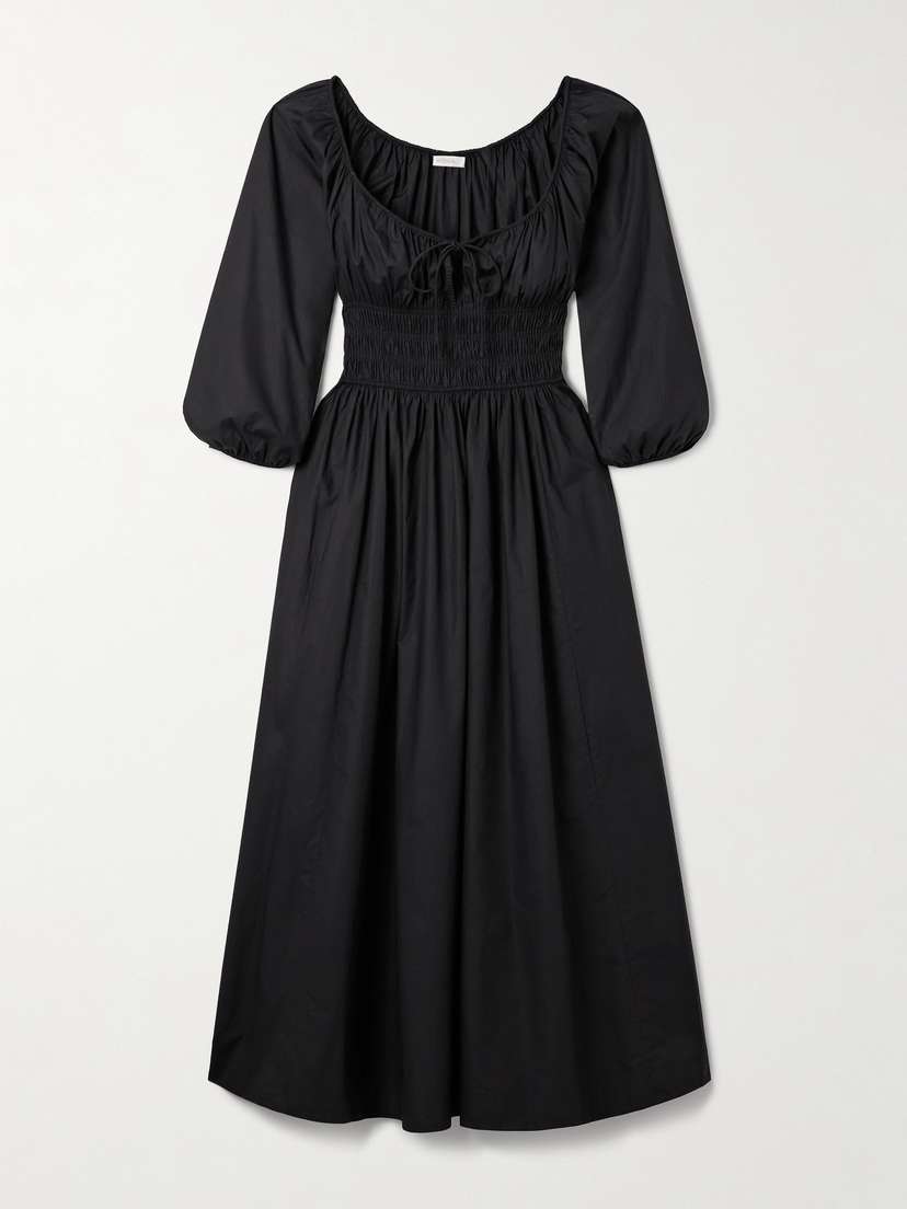 DÔEN Quintessa Tie-detailed Shirred Organic Cotton-poplin Midi Dress