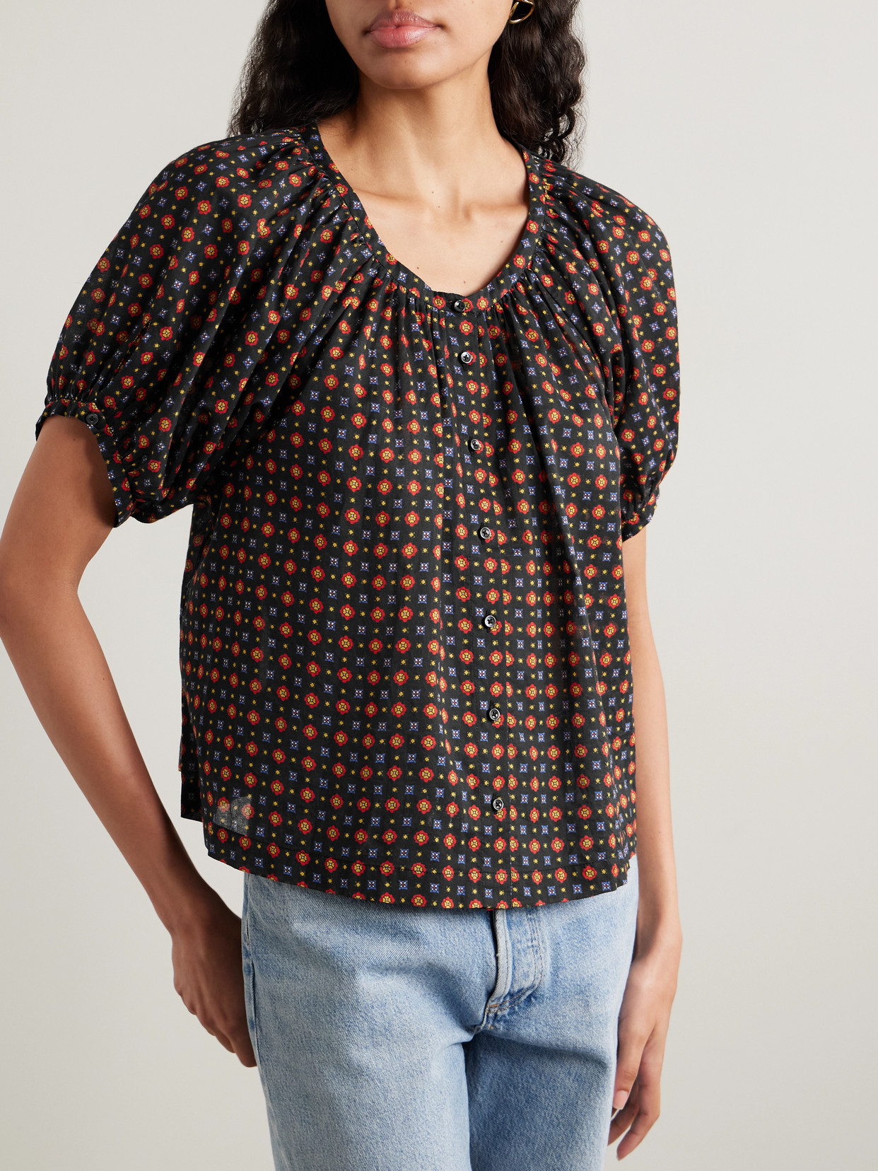 Dôen - June Gathered Floral-Print Organic Cotton-Voile Blouse