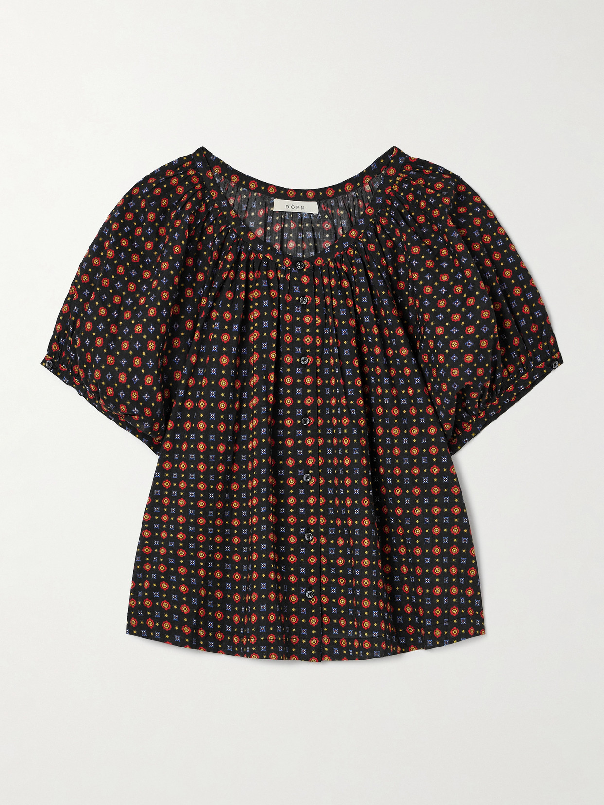 Doen June Gathered Floral-print Organic Cotton-voile Blouse In Multi