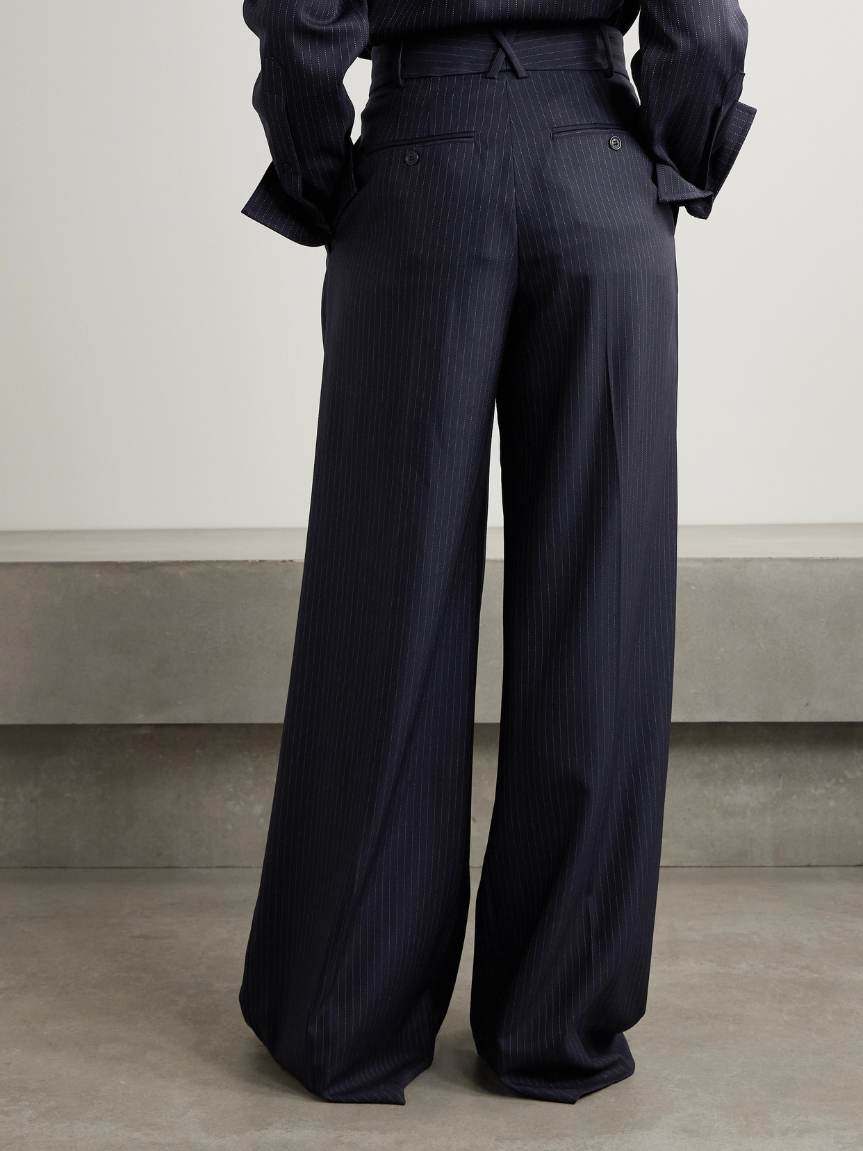 Another Tomorrow Pleated Pinstriped Wool-blend Wide-leg Pants In Blue