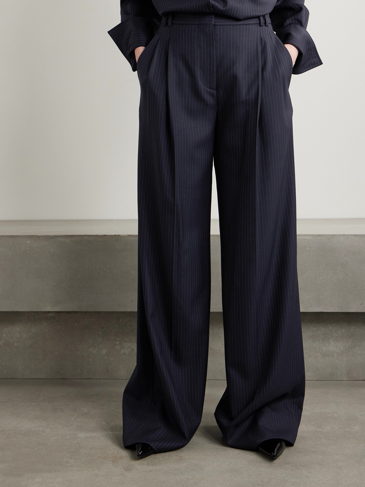 Another Tomorrow Pleated Pinstriped Wool-blend Wide-leg Pants In Blue