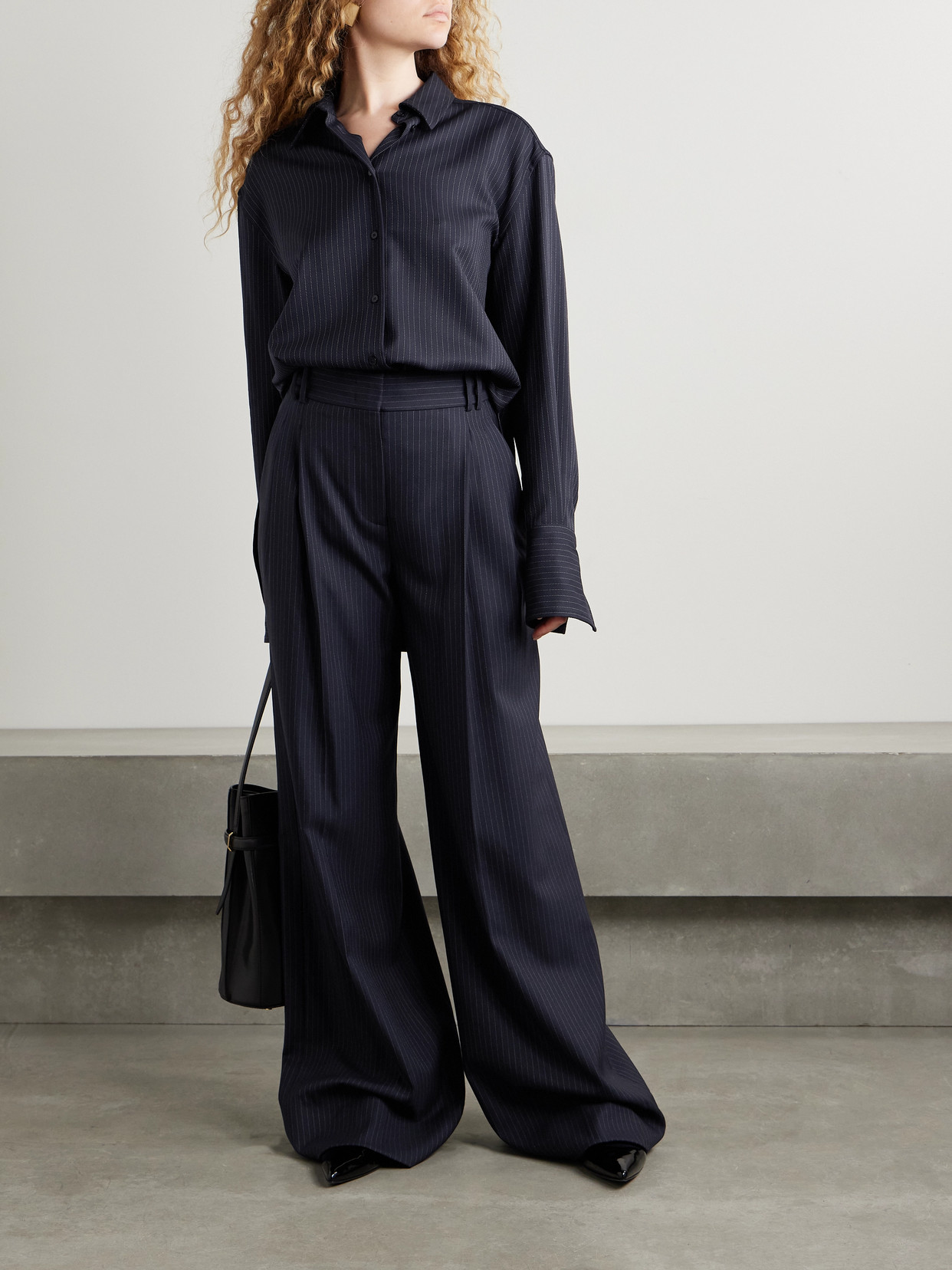Another Tomorrow Pleated Pinstriped Wool-blend Wide-leg Pants In Blue