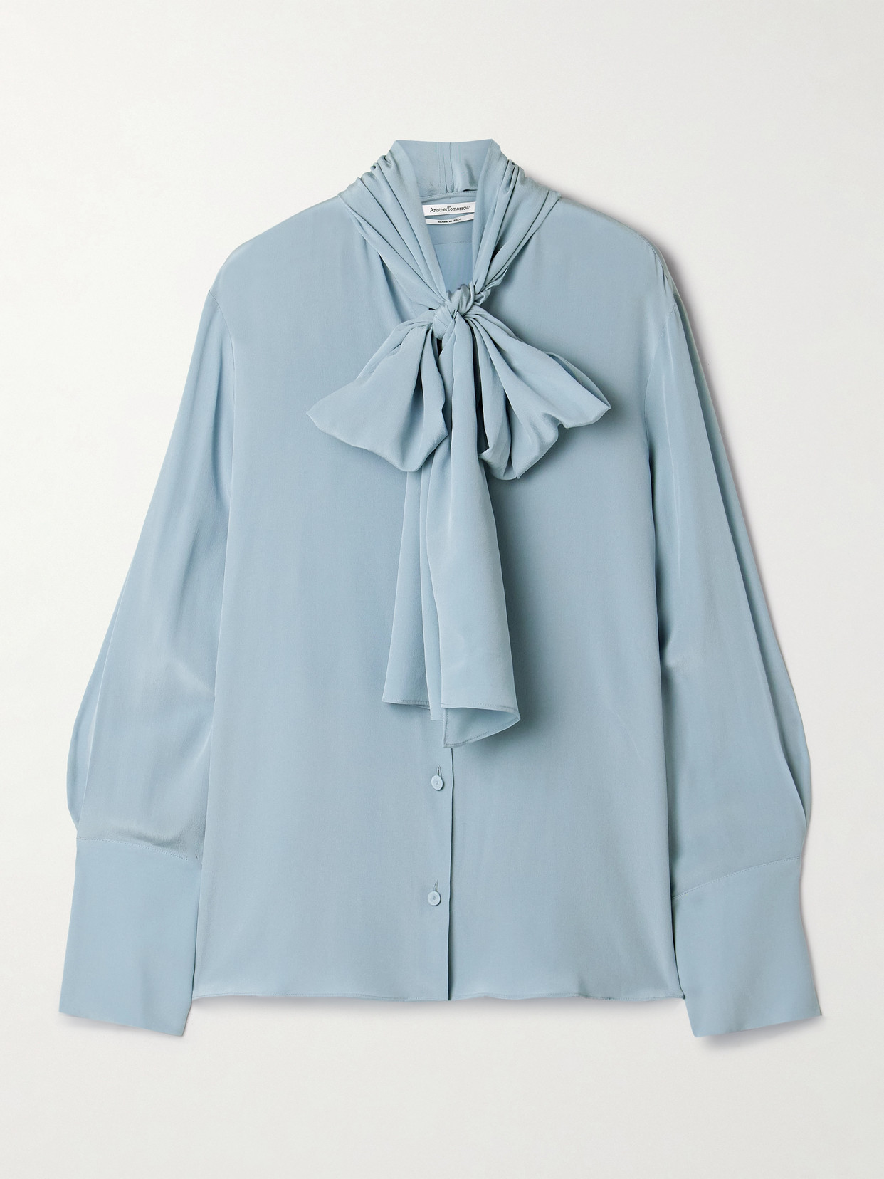 Another Tomorrow Pussy-bow Silk Crepe De Chine Blouse In Blue