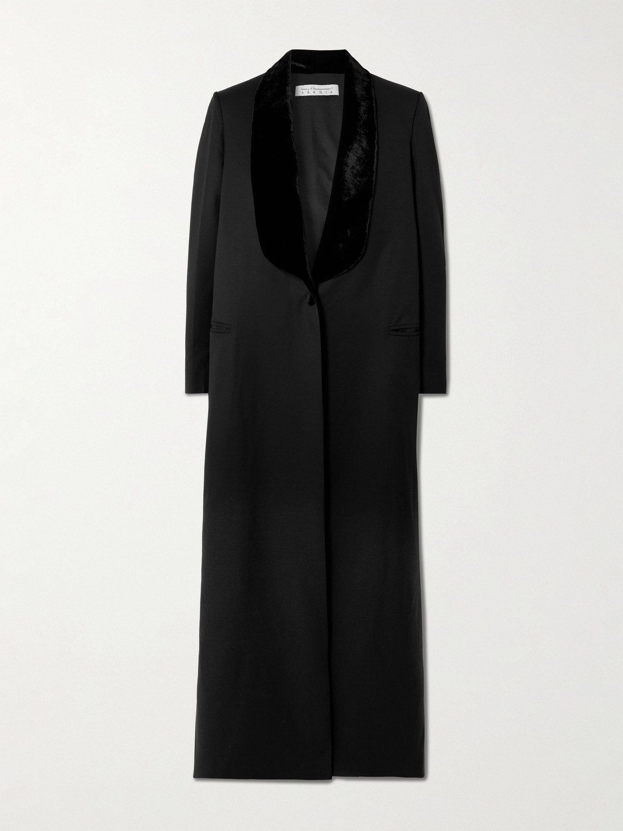 Abadia Joud Crushed Velvet-trimmed Wool-blend Twill Coat In Black