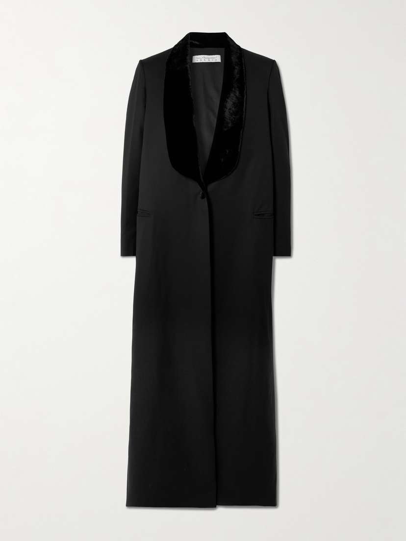 Abadia Joud Crushed Velvet-trimmed Wool-blend Twill Coat