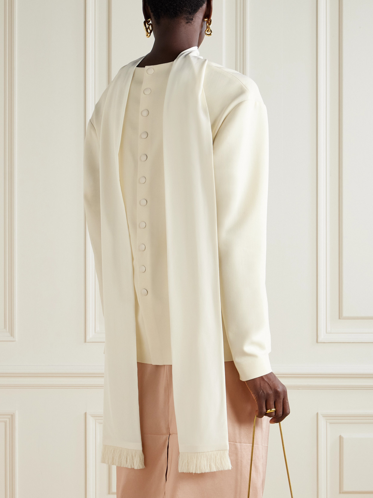 Fringed Scarf-Detailed Silk-Trimmed Wool-Blend Blouse