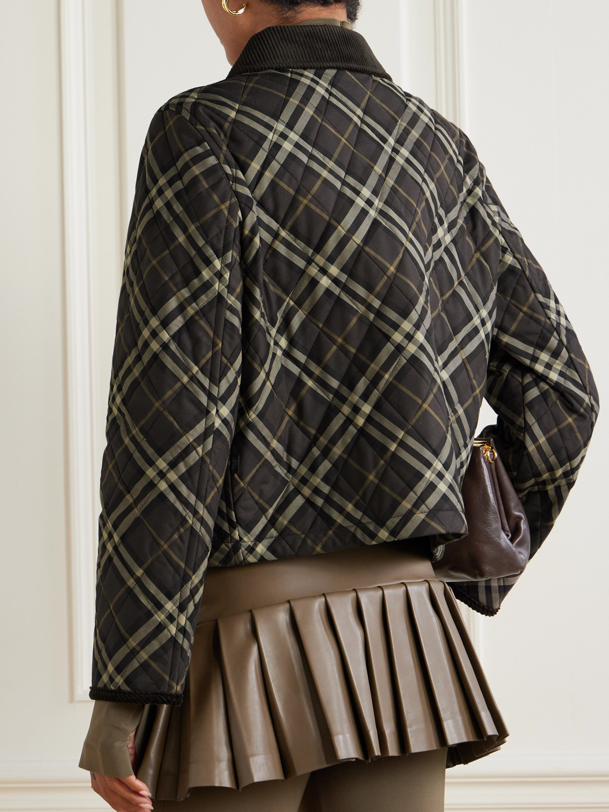 Burberry Cropped Quilted Nylon Jacket With Check Pattern Women In Brown
