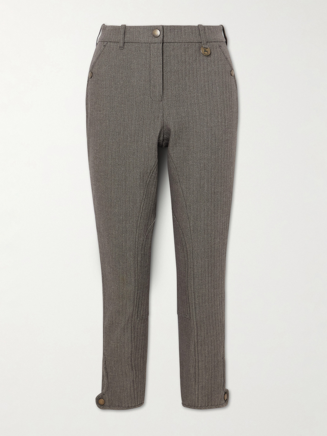 Burberry Embellished Herringbone Cotton-blend Skinny Pants In Gray
