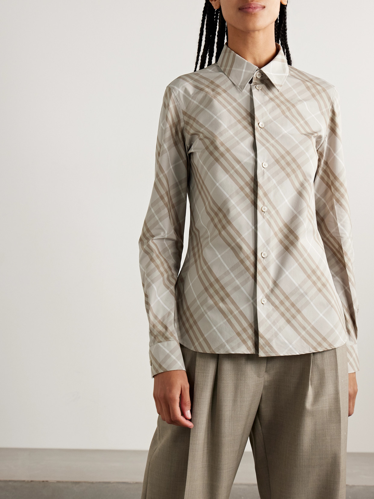 Burberry Women Beige Shirt With Pointed Collar And All-over Check Motif In Cotton Woman In Neutral