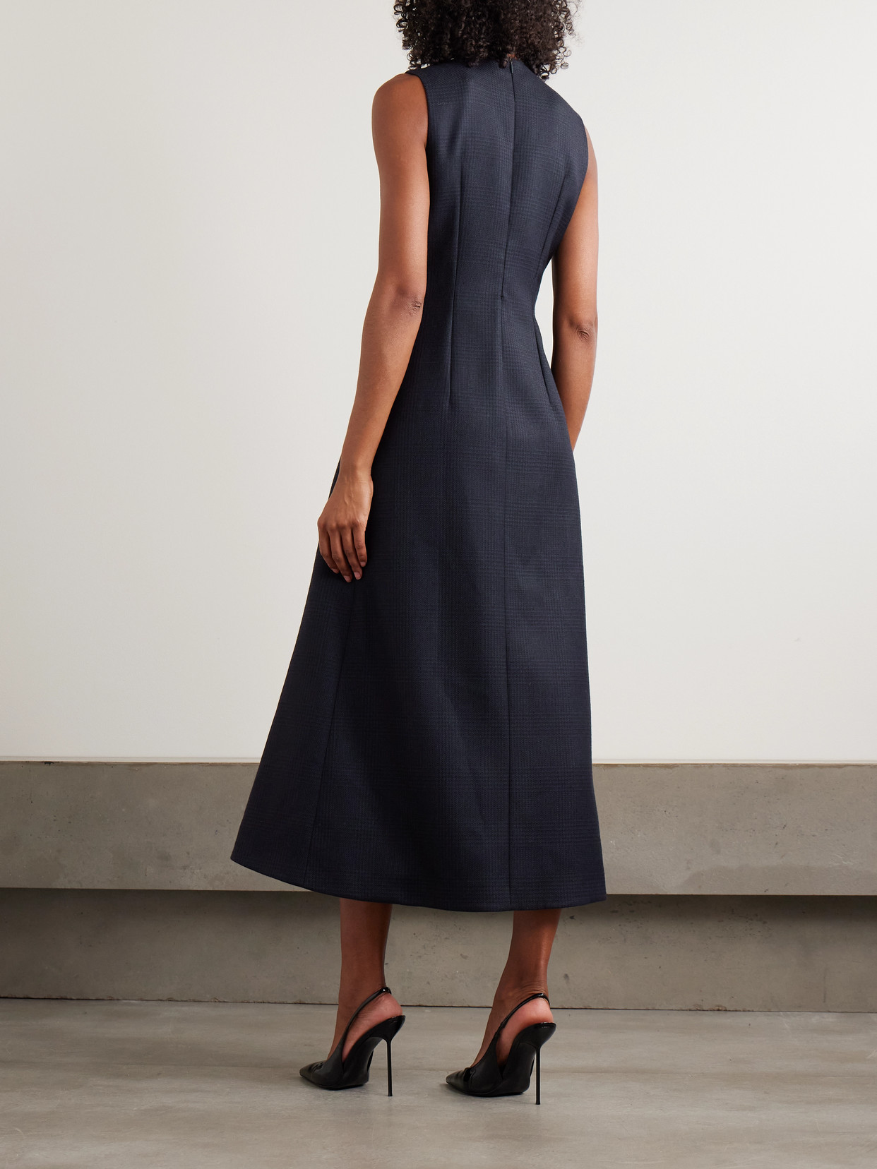 Burberry Belted Checked Wool-twill Midi Dress In Blue