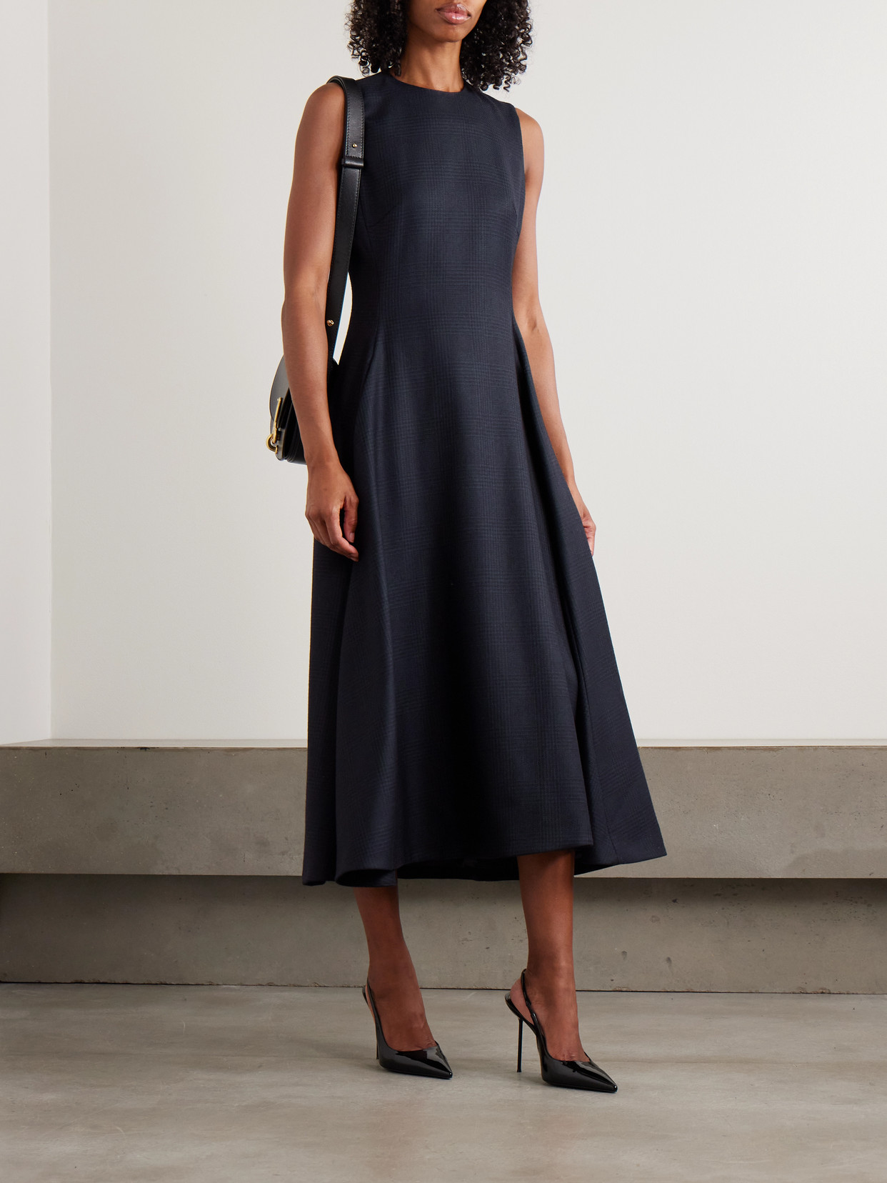 Burberry Belted Checked Wool-twill Midi Dress In Blue