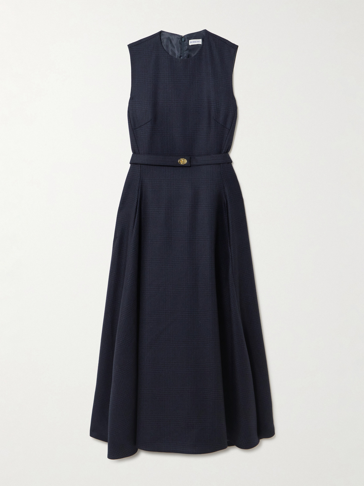 Burberry Belted Checked Wool-twill Midi Dress In Blue
