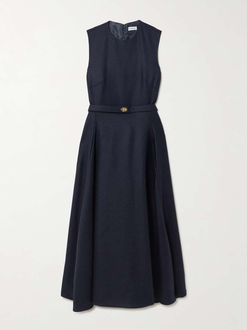 Burberry Belted Checked Wool-twill Midi Dress