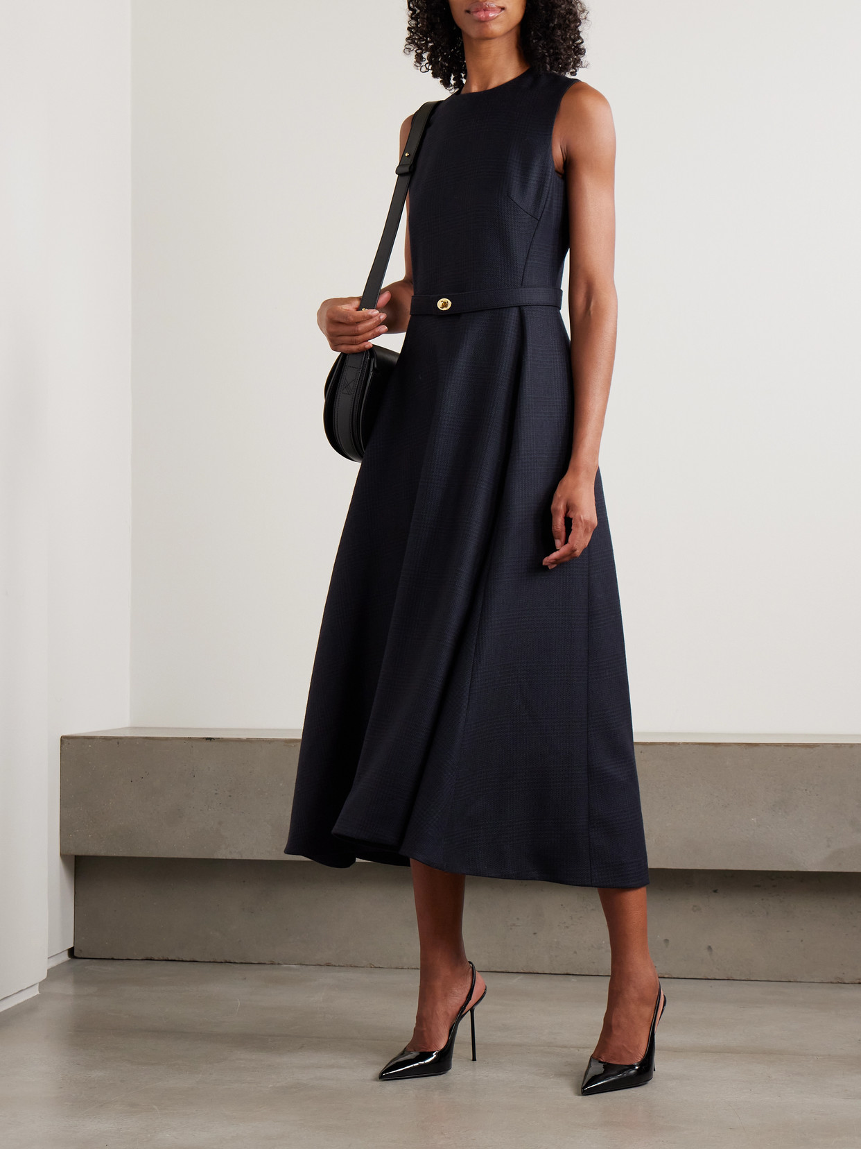 Burberry Belted Checked Wool-twill Midi Dress In Blue