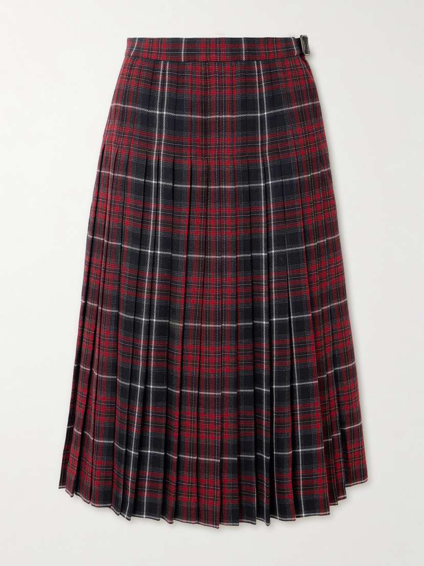 Burberry Buckled Pleated Checked Woven Midi Skirt