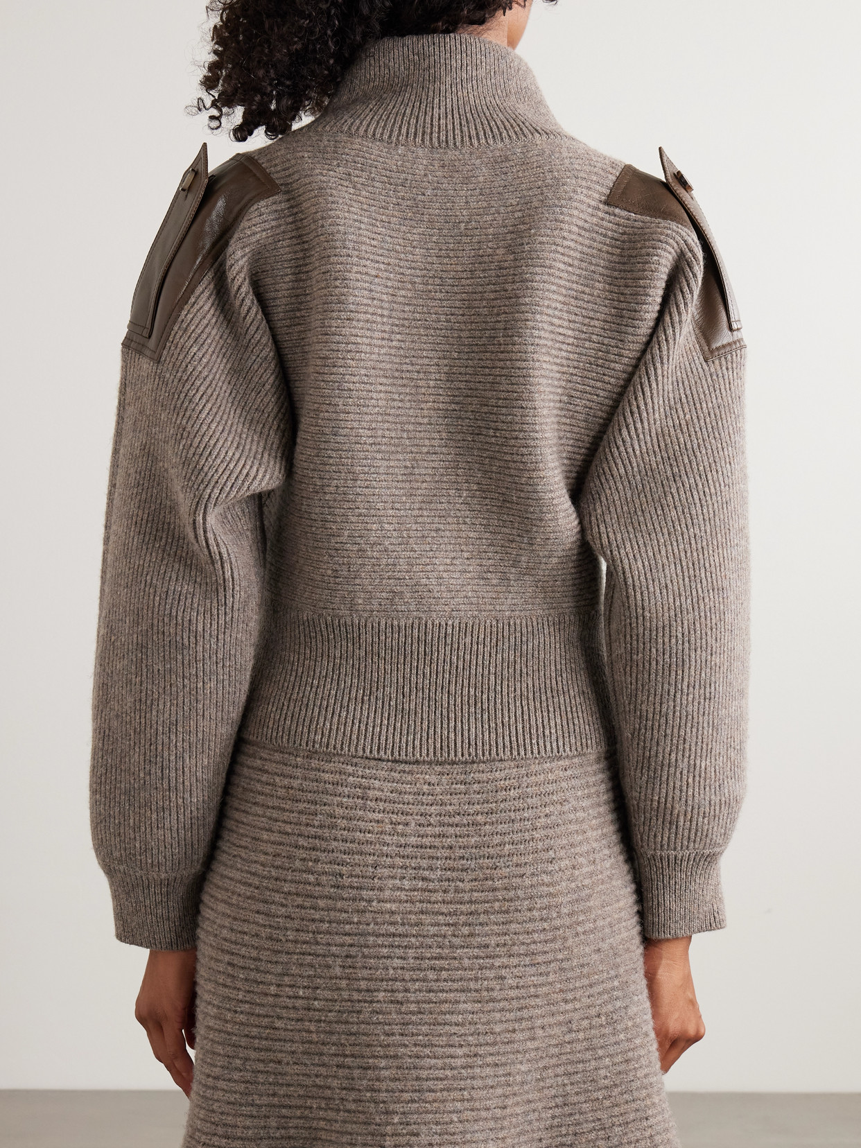 Burberry Leather-trimmed Ribbed Wool Polo Sweater In Brown
