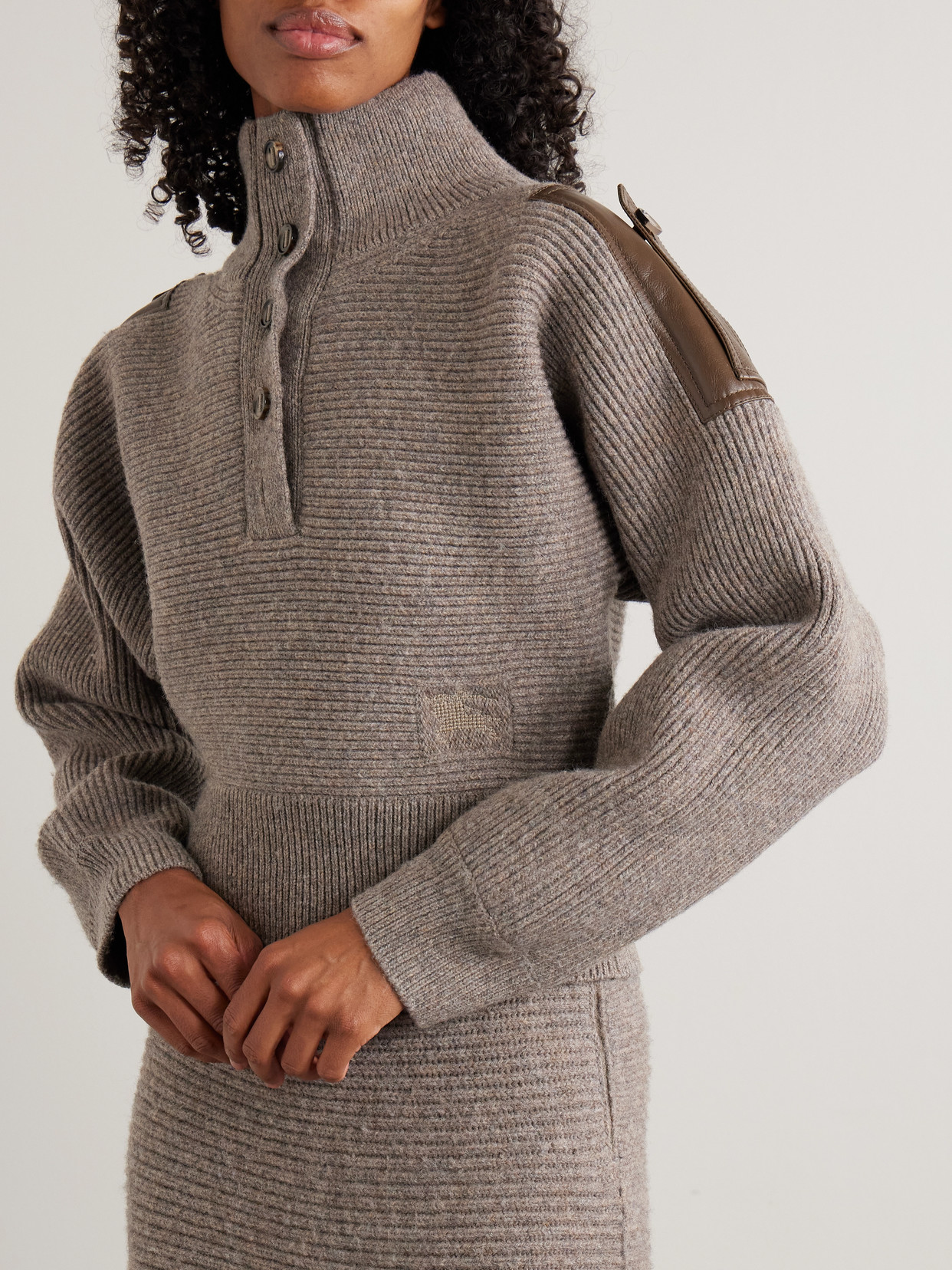 Burberry Leather-trimmed Ribbed Wool Polo Sweater In Brown