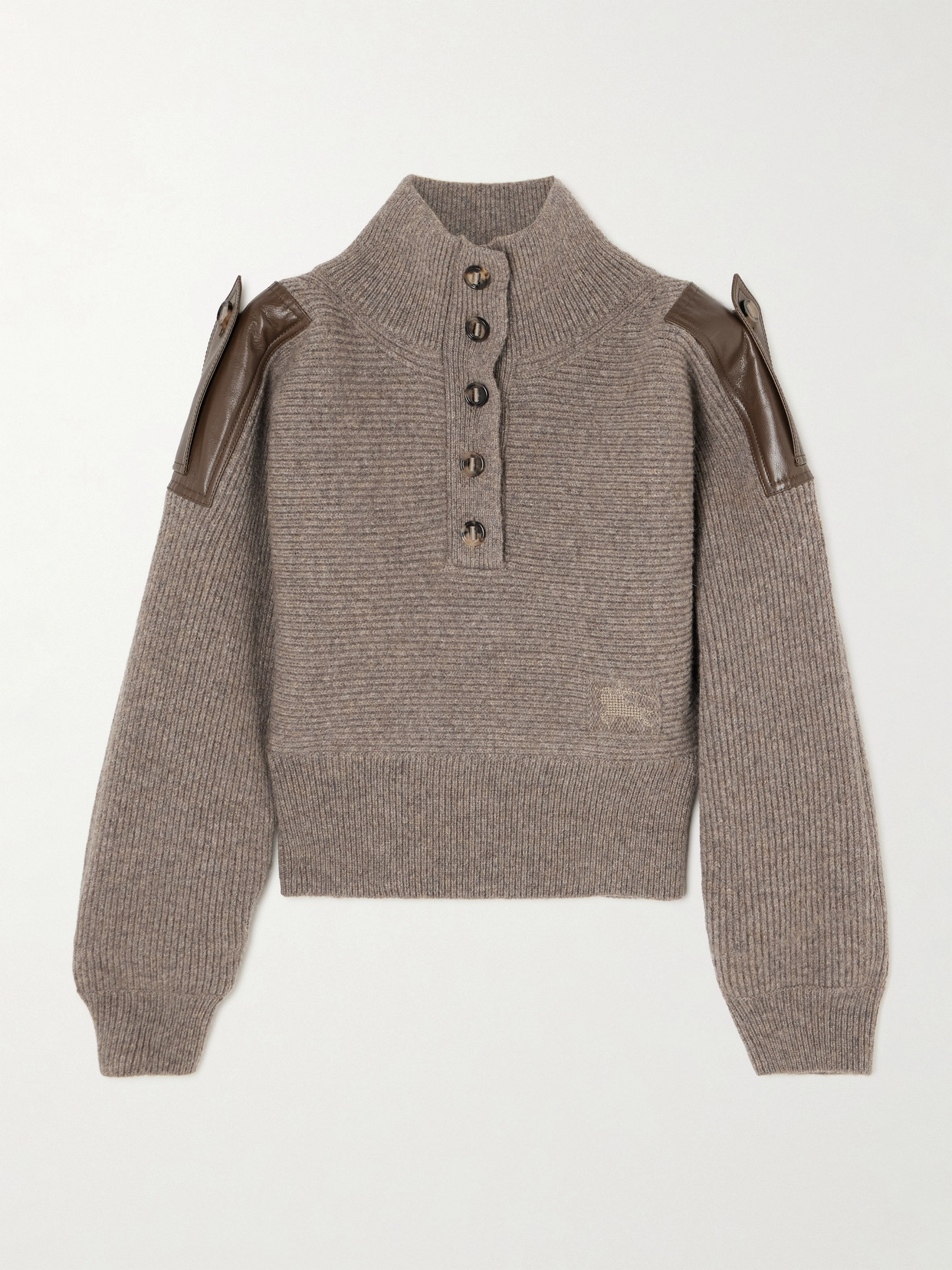 Burberry Leather-trimmed Ribbed Wool Polo Sweater In Brown