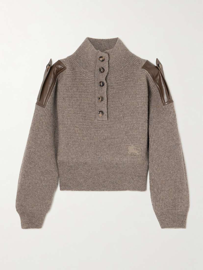 Burberry Leather-trimmed Ribbed Wool Polo Sweater