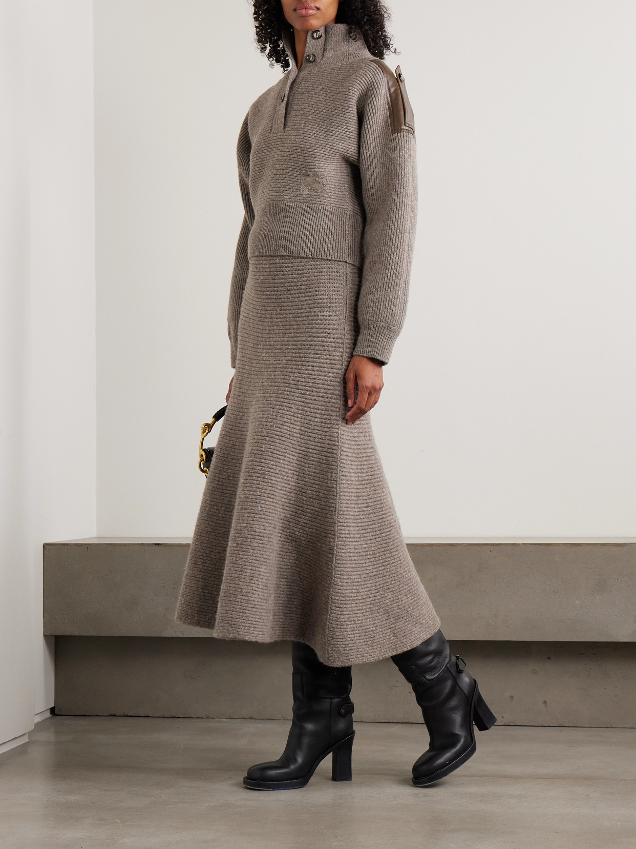 Burberry Leather-trimmed Ribbed Wool Polo Sweater In Brown