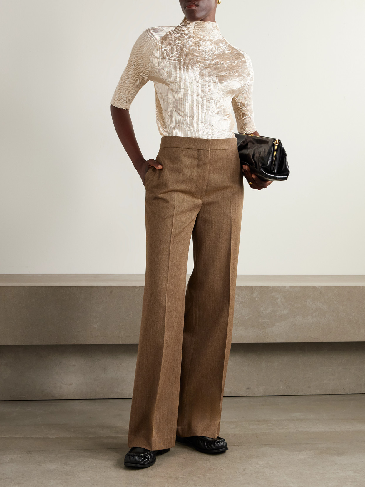 Fforme Agel Tailored Wide Leg Virgin Wool Trousers In Brown