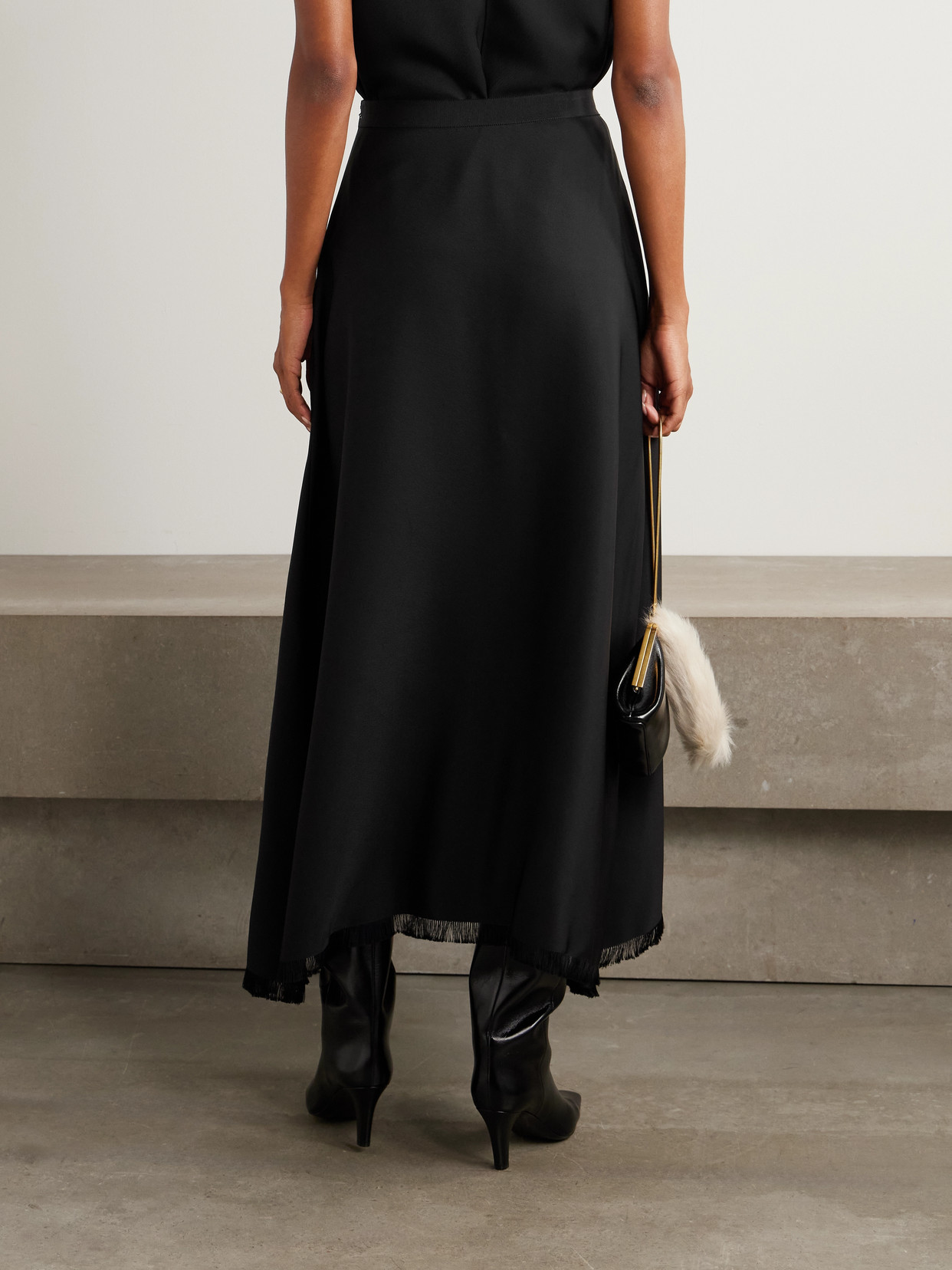 Fforme Ash Frayed Draped Twill Midi Skirt In Black