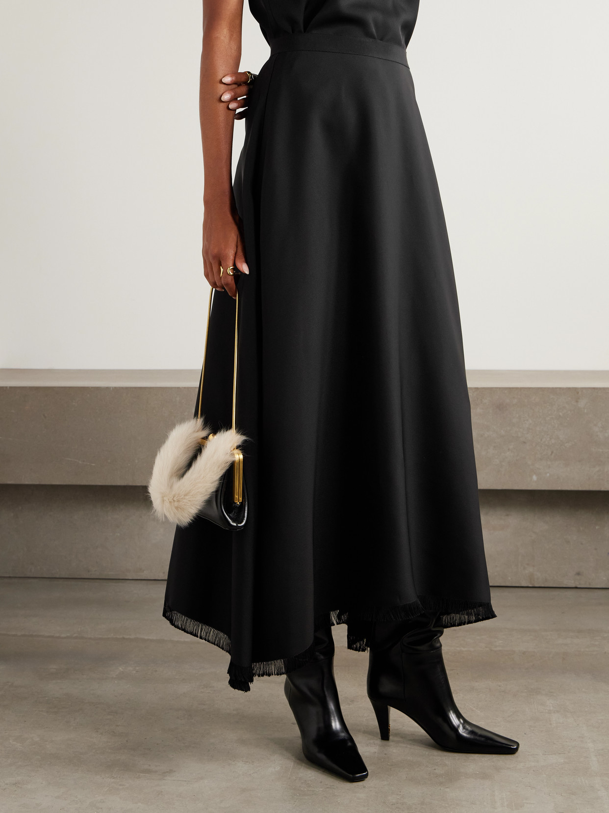 Fforme Ash Frayed Draped Twill Midi Skirt In Black