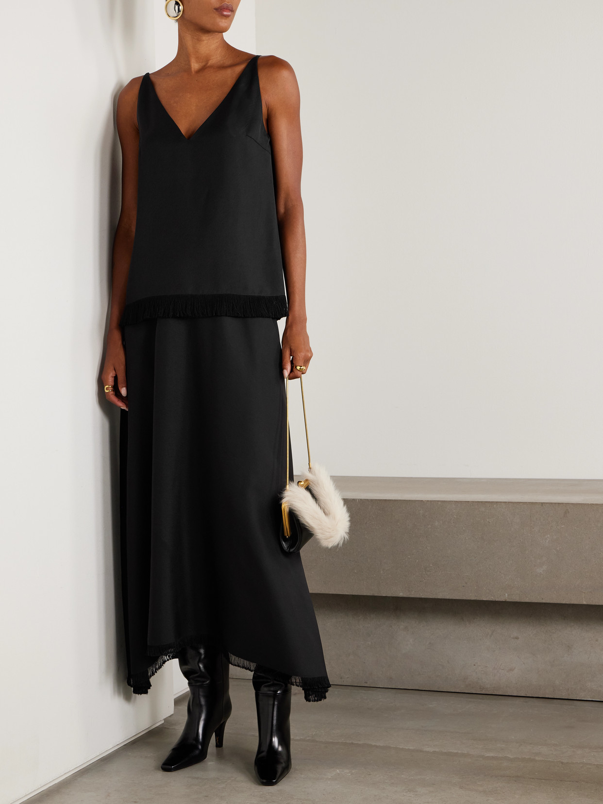 Fforme Ash Frayed Draped Twill Midi Skirt In Black
