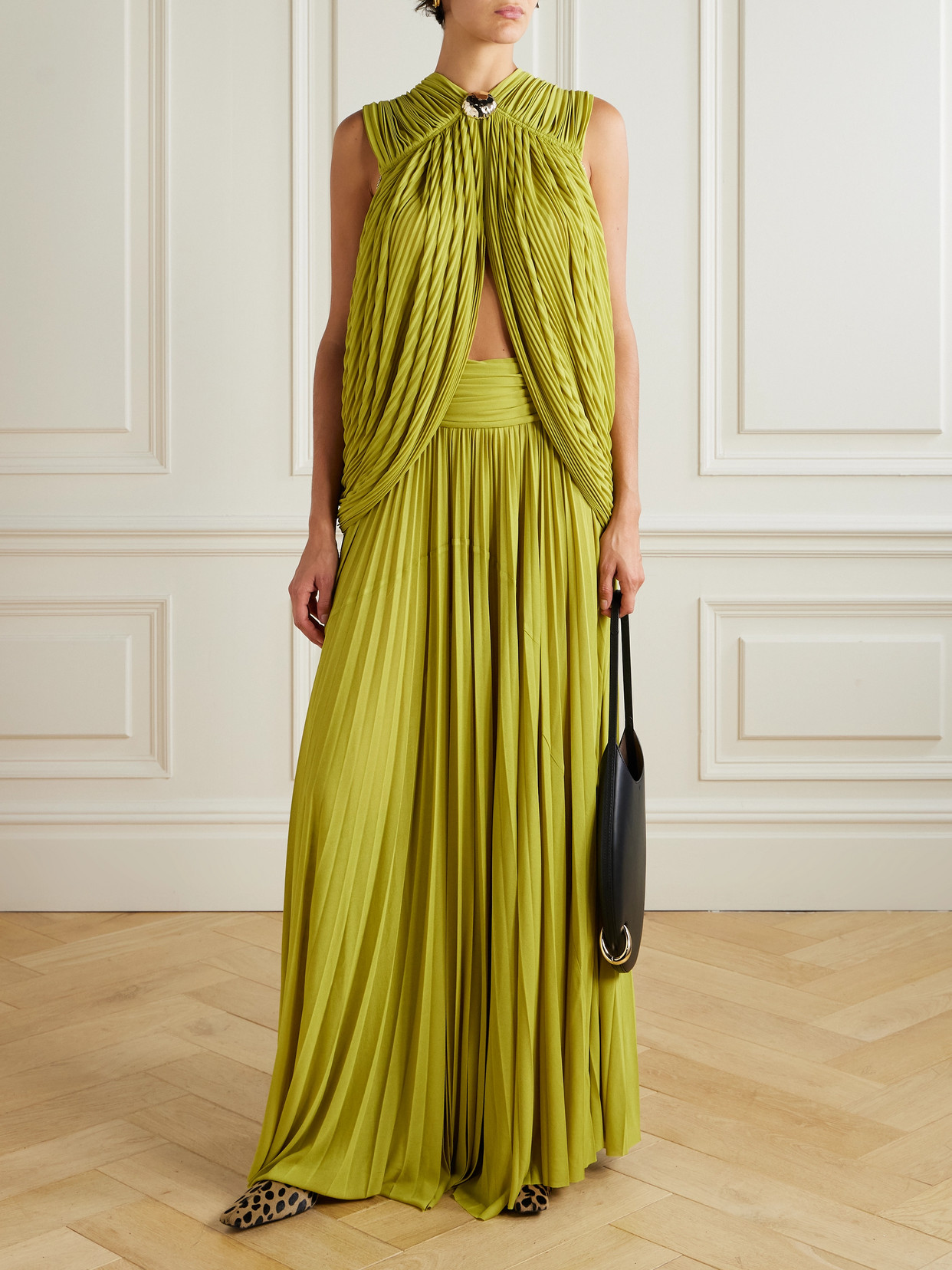 Proenza Schouler Bari Embellished Draped Gauze-jersey Top And Maxi Skirt Set In Green