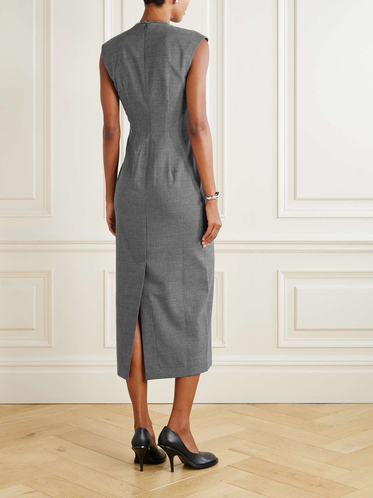 Tove Estelle Pinstriped Woven Midi Dress In Gray