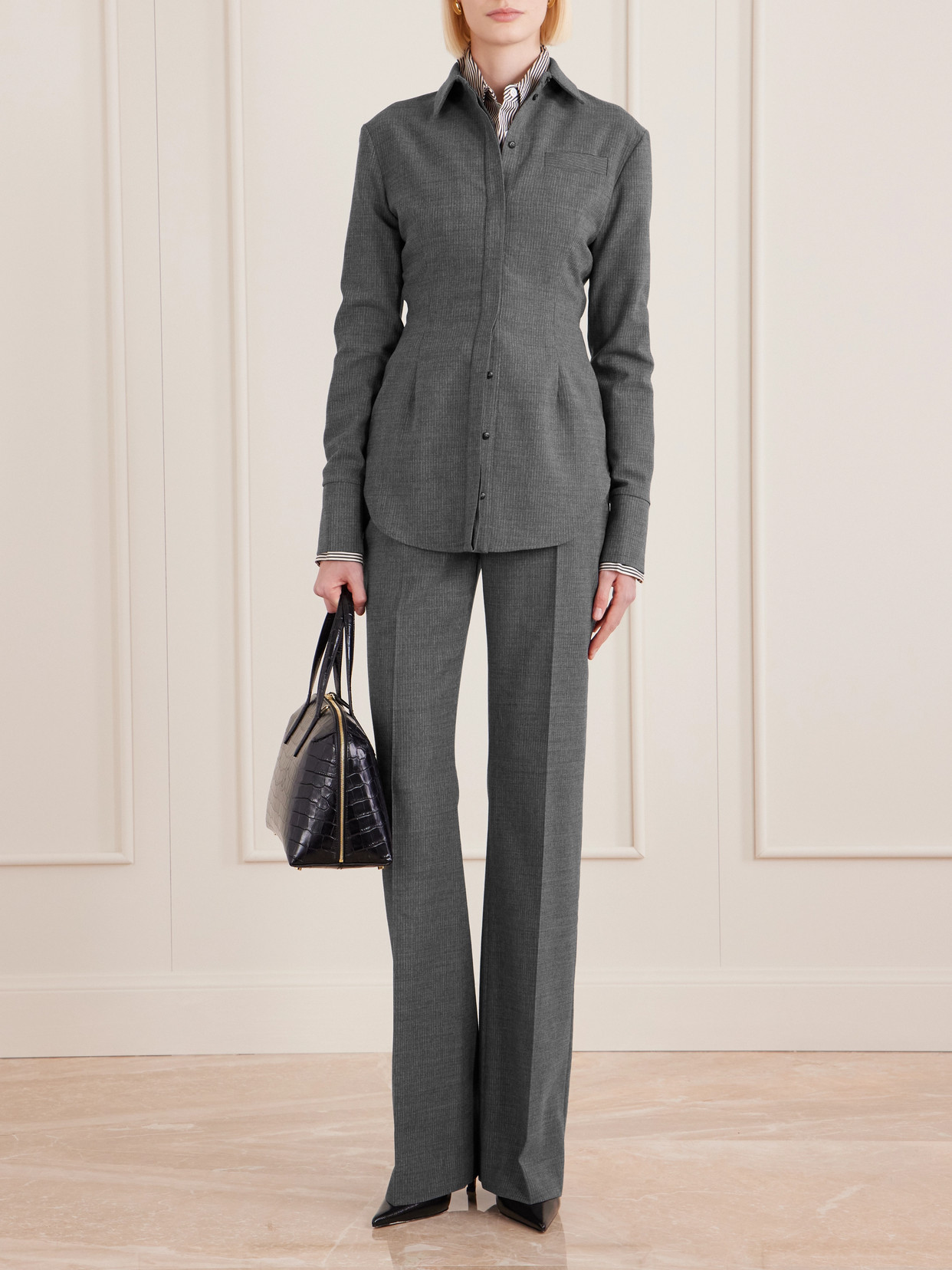 Tove Lora Woven Flared Trousers In Gray