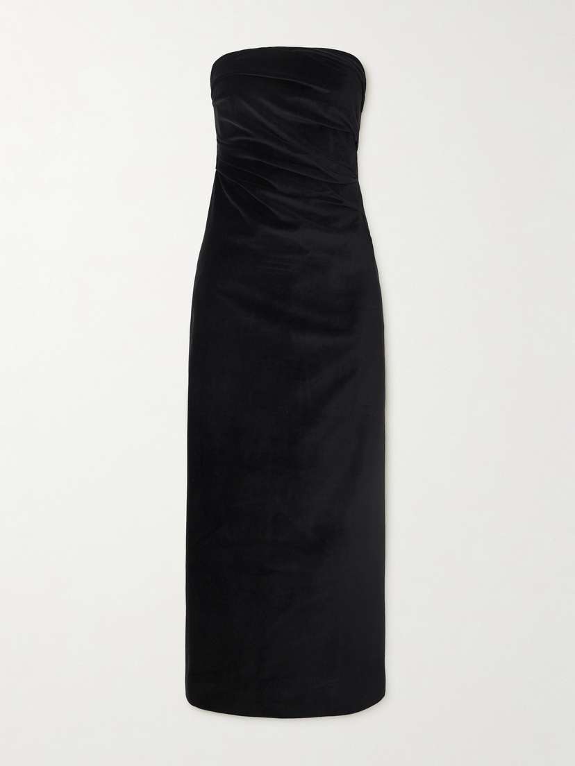 Tove Sabella Strapless Ruched Cotton-blend Velvet Midi Dress